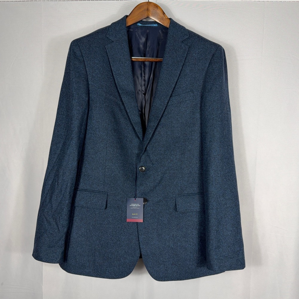Charles Tyrwhitt‎ Slim Fit Jacket Italian Recycled Wool Blue Semi Plain 40L NWT